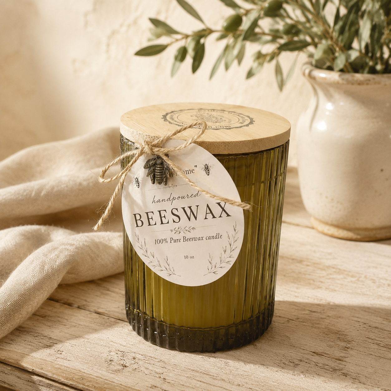 Olive Green Elegant Candle " Hive to Home 100% Beeswax Candle
