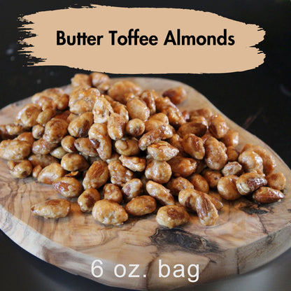 Butter Toffee Almonds on a wooden board with text indicating weight and flavor.